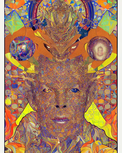 Prompt: David Bowie art surrounded by varities of superhot chili peppers, cell shading, voronoi, fibonacci sequence, sacred geometry by Alphonse Mucha, Moebius, hiroshi yoshida, Art Nouveau, colorful, ultradetailed, vivid colour, 3d