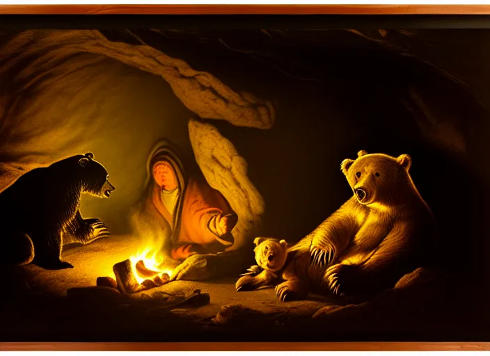 Image similar to Pieter Claesz's 'a bear and her cub sleeping in a dark cave, lit by campfire', night time, cross hatching, backlit, beautiful wooden frame, the colours of the sunset
