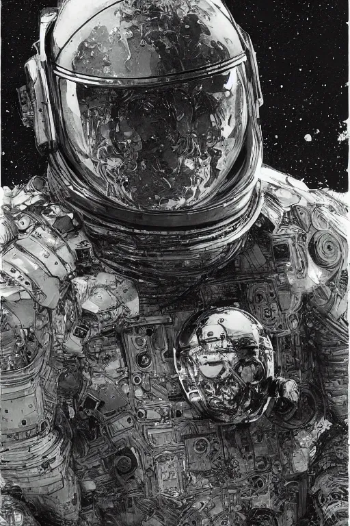 Image similar to portrait of a future cosmonaut with helmet having cybernetics and wirings, pen and ink, intricate line drawings, by craig mullins, ruan jia, kentaro miura, greg rutkowski