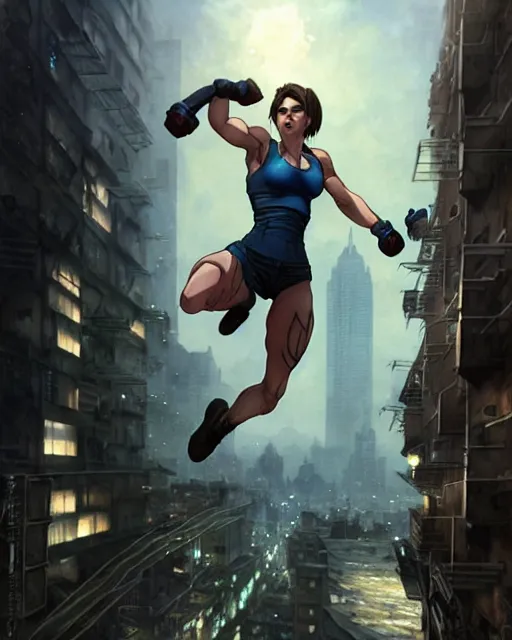 Image similar to gigachad jill valentine bodybuilder jumping from a building fighting in racoon city, fantasy character portrait, ultra realistic, anime key visual, full body concept art, intricate details, highly detailed by greg rutkowski, ilya kuvshinov, gaston bussiere, craig mullins, simon bisley