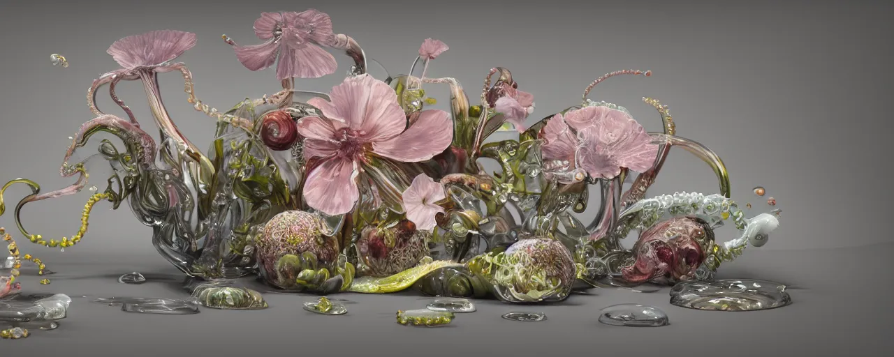 Prompt: ultradetailed minimalistic still life with jelly flowers by ernst haeckel, caravaggio, roger dean and andrei tarkovsky, slime and tentacles, wide angle, cinematic, octane render, bokeh, unreal engine, 4k 3d render