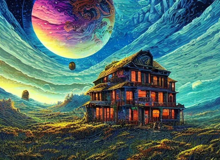 Prompt: A building in a stunning landscape by Dan Mumford, aesthetic, cosmic horror, solarpunk