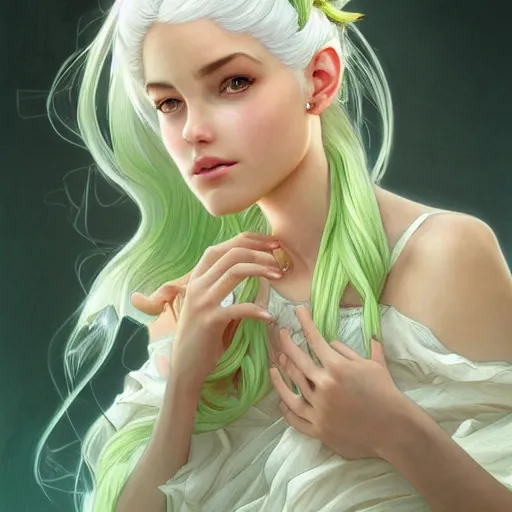 Image similar to ultra realistic illustration, dream girl with white hair, with light green eyes, with cat ears, in a sundress, intricate, elegant, highly detailed, digital painting, artstation, concept art, smooth, sharp focus, illustration, art by artgerm and greg rutkowski and alphonse mucha