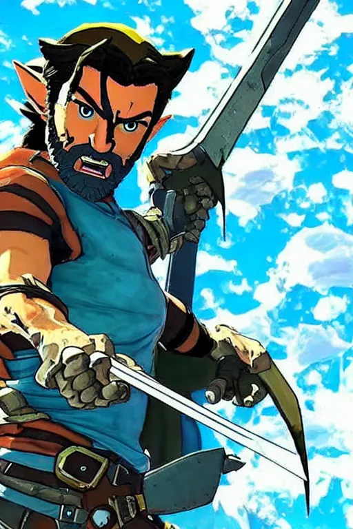 Prompt: in game footage of logan wolverine from the legend of zelda breath of the wild, breath of the wild art style.