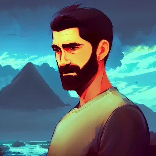 Prompt: jack shephard from lost, island landscape, ambient lighting, 4k, anime key visual, lois van baarle, ilya kuvshinov, rossdraws, artstation