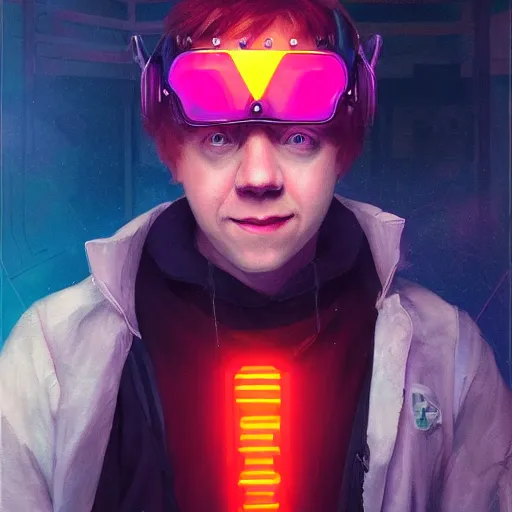 Image similar to portrait of Rupert Grint as Ron Wisly with visor in cyberpunk, neon lighting, night city, digital art from artstation by Ruan Jia and Mandy Jurgens and Artgerm and william-adolphe bouguereau and Greg Rutkowski