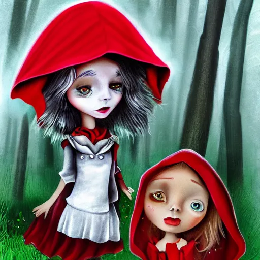 Prompt: little red riding hood by tim burton, 8 k, digital art masterpiece,