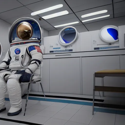 Prompt: a beautiful photo of an astronaut waiting in a laundromat, soft light, morning light, photorealistic, realistic, octane, 8k, cinematic shot