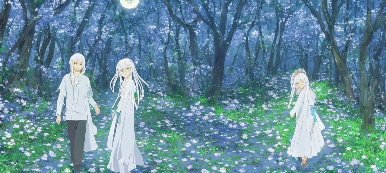 Prompt: illyasviel walking through enchanted ghibli clover | Big Moon at Blue Night | Trees with white flowers | bioluminescent blue FLOWERS | strong blue rimlit | visual-key | anime illustration | highly detailed High resolution | Light Novel | Visual Novel | In the style of Miyama-Zero, Yuuki Hagure