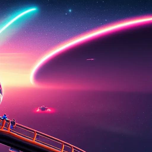 Image similar to couple staying on the edge of the earth and looking spaceship leaving the planet, huge ship bigger than planet, symmetry composition, crashed dimensions, backward camera, wide epic angle, flying objects, night neon colors, unreal engine, high detailed W 1280