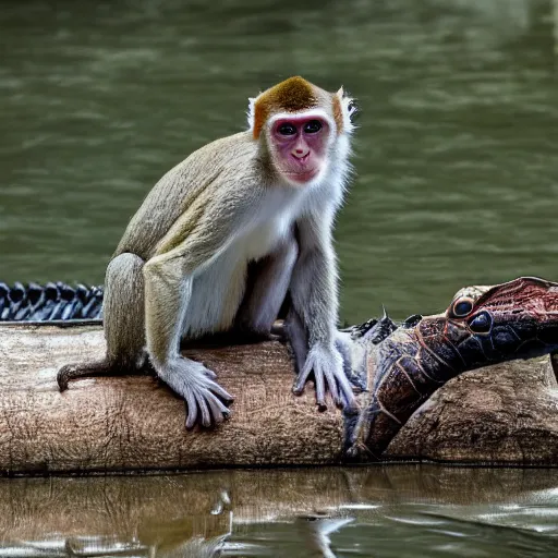 Prompt: monkey on top of a crocodile on a river