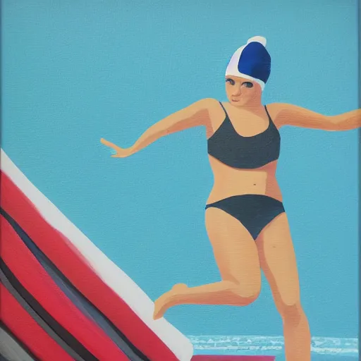 Image similar to acrylic painting on wood of a woman wearing a swimming cap diving from a high diving board into a pool. the pool is out of frame. teal, white, black and grayscale. simple. flat. vintage, mid - century modern