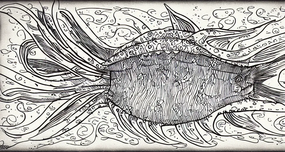 Image similar to illustration of an angler fish, lantern fish, deep sea, stylized linework, ornamentation, artistic, muted color wash