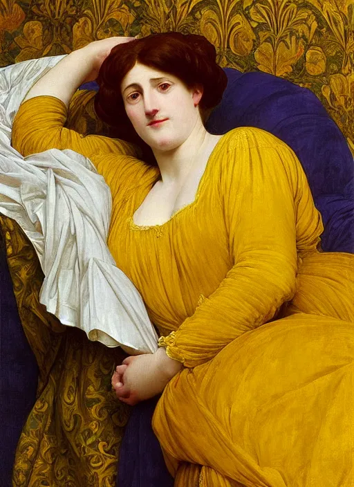 Image similar to masterpiece portrait of lady reclining on bed wearing yellow ochre ornate medieval dress, vertical, foreshortening, colour photography by frederic leighton, william morris, 8 k