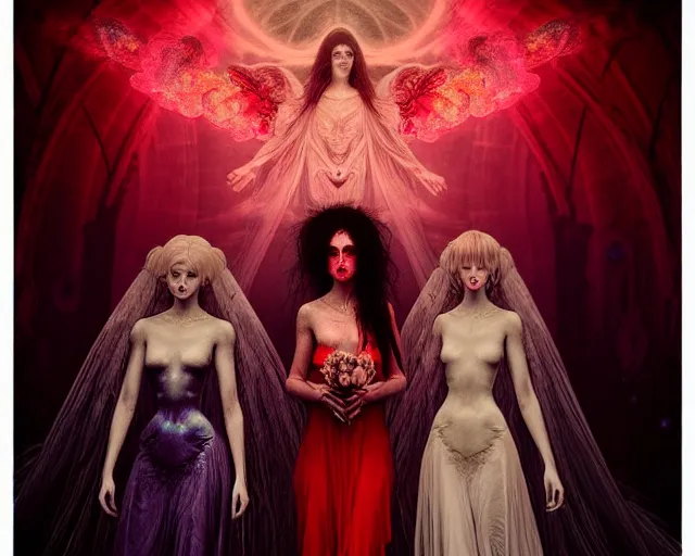 Image similar to three stunning otherworldly gothic goddesses with beautiful angelic faces, wearing psychedelic wicca, in wedding dresses, red neon roses, full body, dark and mysterious, atmospheric, ominous, eerie, cinematic light, epic, 8 k 3 d, ultra detail, ultra realistic, by giger, by wlop, by mucha