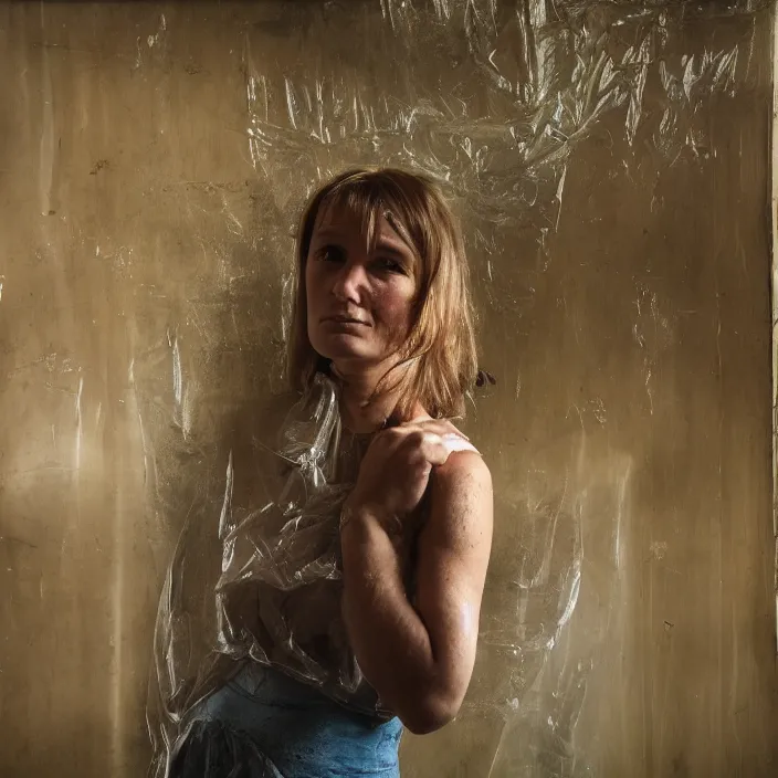 Prompt: closeup portrait of a woman wrapped in plastic, standing in a derelict coffee shop cafe, color photograph, by vincent desiderio, canon eos c 3 0 0, ƒ 1. 8, 3 5 mm, 8 k, medium - format print