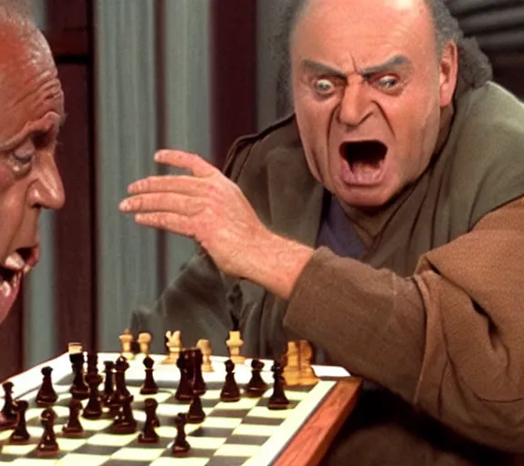 Prompt: gowron screaming angrily at the man he is playing chess with, extremely detailed, 4 k, high quality,