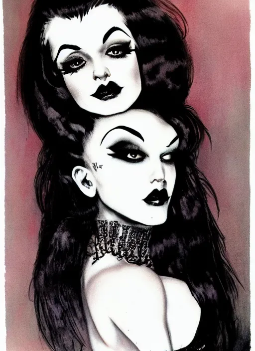 Image similar to portrait of a goth girl burlesque psychobilly punk, detailed face, white background, drawing, 4 k, illustration by frank frazetta