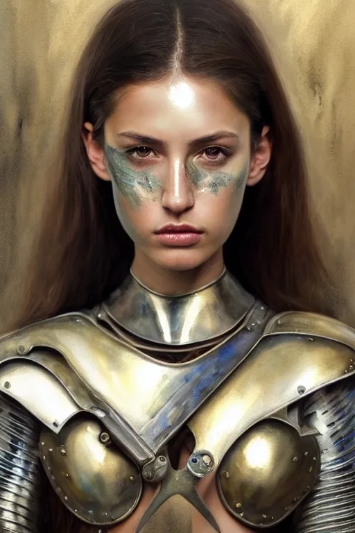 Prompt: a photorealistically painted portrait of an attractive young girl, partially clothed in metal-plated battle armor, abstract watercolor background, flawless olive skin, fair complexion, long dark hair, beautiful bone structure, perfectly symmetric facial features, perfect photorealistic eyes, natural physique, intricate, elegant, digital painting, concept art, finely detailed, beautifully illustrated, sharp focus, minimal artifacts, volumetric lighting, from Metal Gear, by Ruan Jia and Mandy Jurgens and Artgerm and William-Adolphe Bouguerea, in the style of Greg Rutkowski, trending on Artstation, award winning art