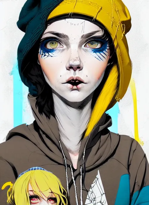 Image similar to highly detailed portrait of a sewer punk lady student, blue eyes, tartan hoody, hat, white hair by atey ghailan, by greg tocchini, by kaethe butcher, gradient yellow, black, brown, peach and cyan color scheme, grunge aesthetic!!! ( ( graffiti tag wall flat colour background ) )