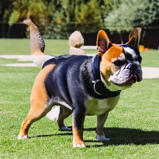 Prompt: a photo of french bulldog highfiving a shiba inu wearing a business suit, photorealistic, nikon d 7 8 0, high definition, sharp focus, bokeh, smooth, highly detailed, espn sports photography