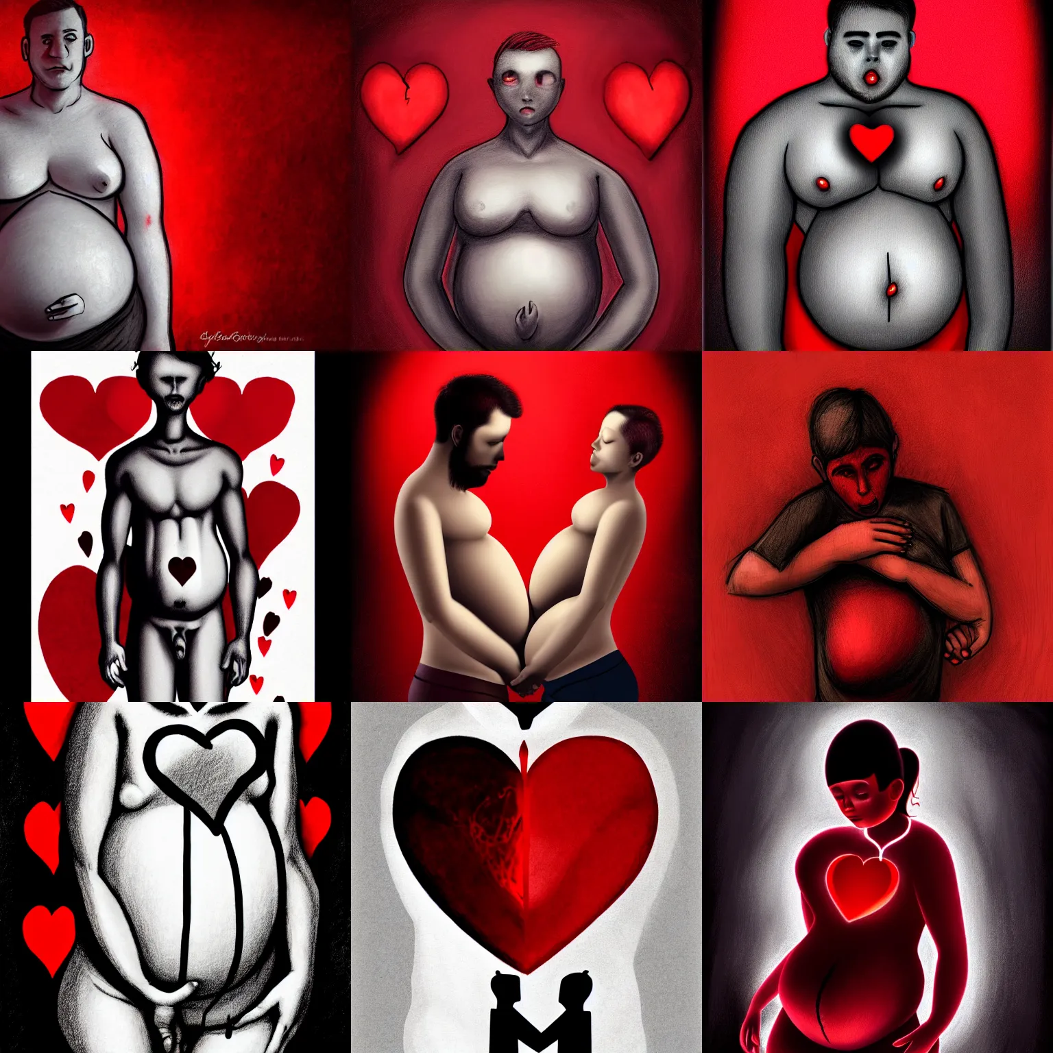 Prompt: a pregnant man, male human, daddy, several hearts, love, sadness, dark ambiance, concept by Godfrey Blow, featured on deviantart, drawing, sots art, lyco art, artwork, photoillustration, poster art, black and red