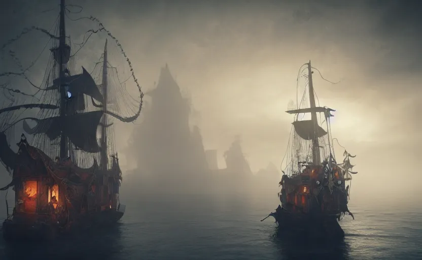 Prompt: magical and mystical pirate galleon, gloomy and foggy atmosphere, octane render, rembrandt, cgsociety, artstation trending, horror scene, highly detailded