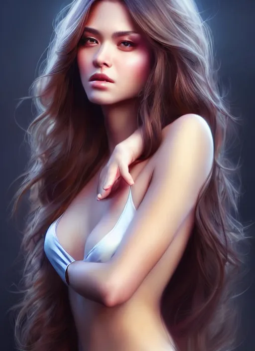 Prompt: a gorgeous female with long soft hair in the style of stefan kostic, realistic, full body shot, wide angle, sharp focus, 8 k high definition, insanely detailed, intricate, elegant, art by stanley lau and artgerm, floating embers