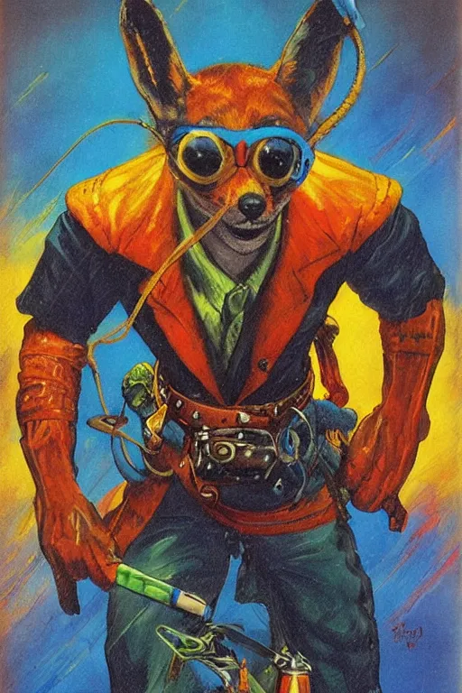 Image similar to fox hunter of the durnan, art by frank kelly freas and fred fields and alicia austin, trending on artstation, iridescent cool blue and cyan and red and blue and yellow and green lighting fish eye gigapixel, dark academia, trending on artstation, stuckism, cubism