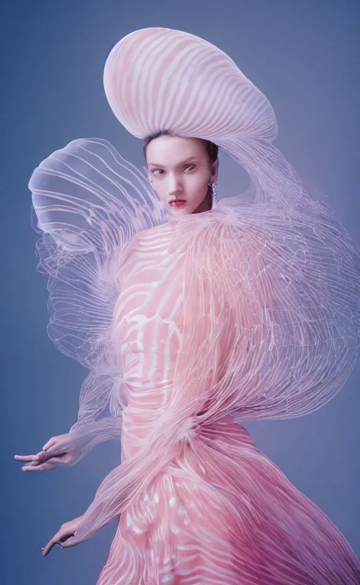 Image similar to Fashion photography of a woman wearing a Gucci dress inspired by a jellyfish, artistic photography, insanely detailed, chiaroscuro, cinestill 800t, Vogue magazine