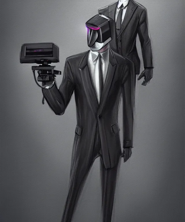 Image similar to a portrait of an anthropomorphic surveillance camera wearing a suit, holding a gun, cyberpunk!, fantasy, elegant, digital painting, artstation, concept art, matte, sharp focus, illustration, art by nick sullo