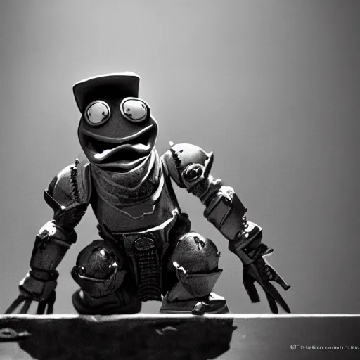 Image similar to symmetrical, film still of warhammer 4 0 k kermit the frog, studio lighting, depth of field, photography, black and white, highly detailed, action shot