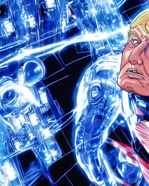 Image similar to portrait of trump, cybernetic enhancements, art by makoto shinkai and alan bean, yukito kishiro