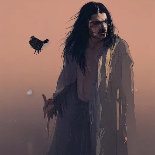 Image similar to Man with long black hair is followed by crows in the desert | front view man | crows in the background | painting by Greg Rutkowski