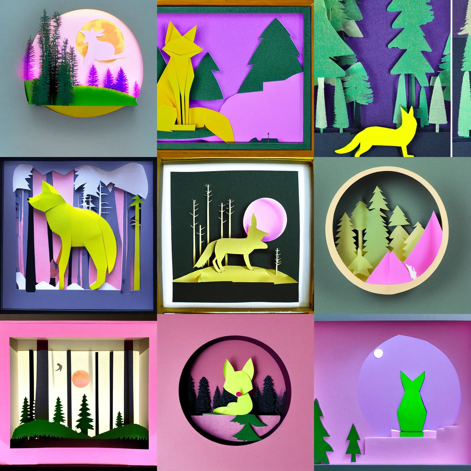 Prompt: a chartreuse fox in a forest of pink pine trees, moon with light rays in the sky, 3d layered paper shadow box