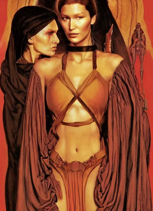 Image similar to upper body portrait of bella hadid as gaius helen mohiam bene gesserit mother in dune 1982, by norman rockwell and jason fabok and tom lovell and frank schoonover and dean cornwell and everett raymond kinstler