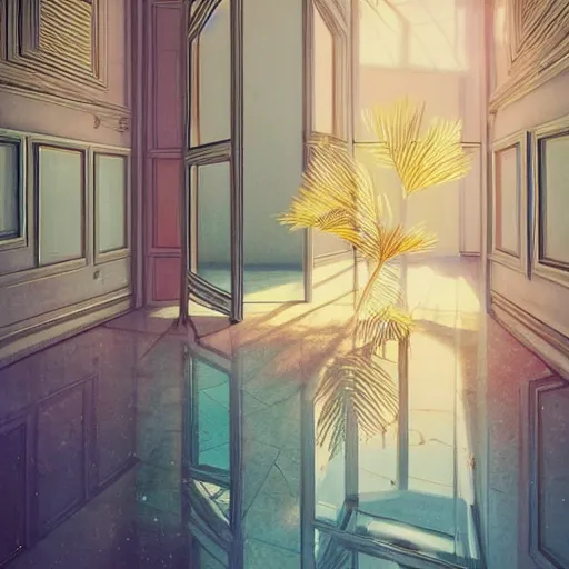 Image similar to cosmos, indoor liminal space, golden light, greg rutkowski, palm trees, pink door, minimalistic, hyperrealistic surrealism, award winning masterpiece with incredible details, epic stunning, infinity pool mirrors, a surreal vaporwave liminal space with mirrors, highly detailed, trending on artstation, artgerm and greg rutkowski and alphonse mucha, daily deviation