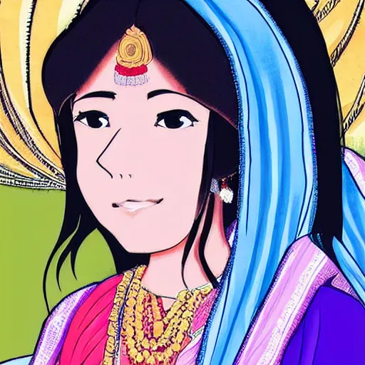 Prompt: a nepali woman wearing sari, anime style