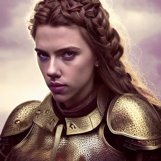 Prompt: head and shoulders portrait of a female knight, young scarlett johansson, armored, golden etched breastplate, lord of the rings, celtic hair braid, eldritch ruby, thunderstorm, by artgerm, alphonse mucha, face detail, sharp focus, magic hour, vogue fashion photo