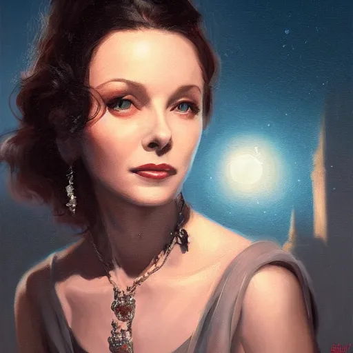 Prompt: closeup portrait of a young vivian leigh, dramatic lighting, city background, night, moon, chiaroscuro, high detail, painted by greg rutkowski, painted by igor kieryluk, painted by bobby chiu, trending on artstation