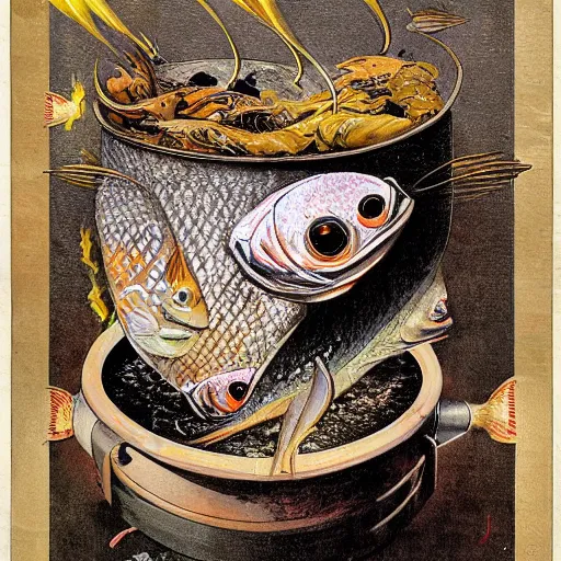 Image similar to surprised fish on a pile of fish in a cooking pot on fire, side view, by juan gimenez, dystopian art, rococo