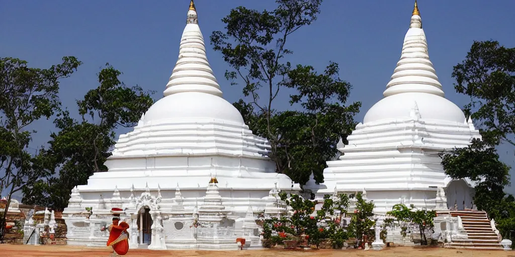 Prompt: sri lankan temple with white stupa, drawn by hayao miyazaki