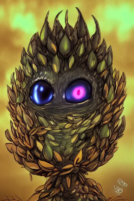 Prompt: a humanoid figure acorn monster with large glowing eyes, highly detailed, digital art, sharp focus, trending on art station, oak leaves, anime art style