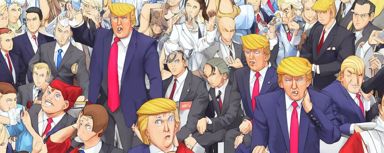 Image similar to donald trump being judged in phoenix wright, ace attorney, 4 k, high quality