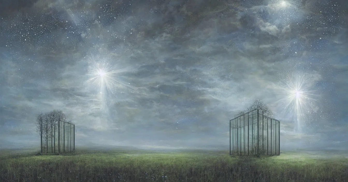 Prompt: Imagination of a transparent glass tesseract, composed of space dust glowing particles, difraction of light, holographic vision of 4D space, volumetry scattering into space, by Lee Madgwick