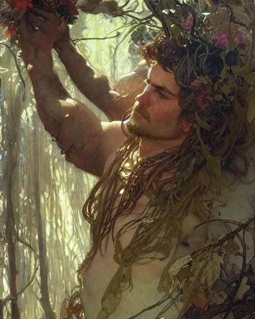 Image similar to god of the forest, 3 0 years old, rugged, male, gorgeous, detailed face, amazing, flowers, muscular, intricate, highly detailed, digital painting, artstation, concept art, sharp focus, illustration, art by gaston bussiere greg rutkowski alphonse mucha