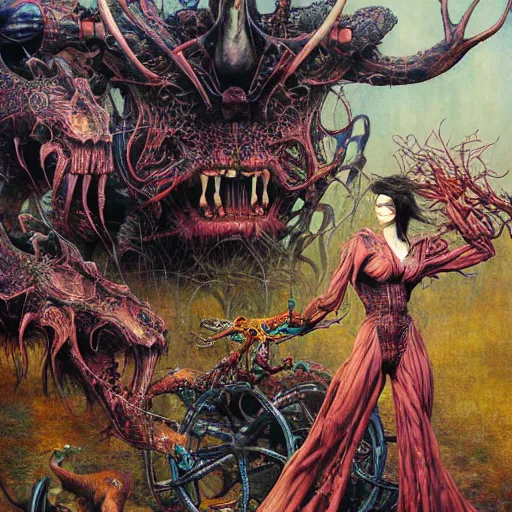 Prompt: realistic detailed image of Mechanical Animal Safari by Ayami Kojima, Amano, Karol Bak, Greg Hildebrandt, and Mark Brooks, Neo-Gothic, gothic, rich deep colors. Beksinski painting, part by Adrian Ghenie and Gerhard Richter. art by Takato Yamamoto. masterpiece