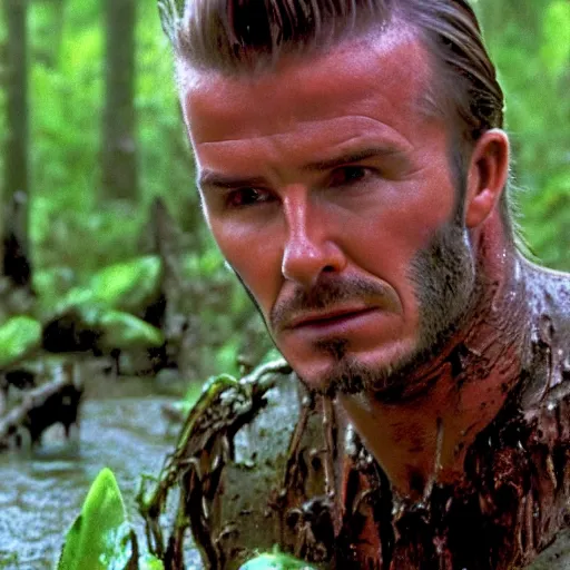 Image similar to cinematic still of david beckham, covered in mud and watching a predator in a swamp in 1 9 8 7 movie predator, hd, 4 k