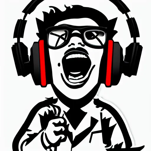 Image similar to svg vector sticker of absolutely insane-mad-scientist-villain, rocking out, wearing headphones, huge speakers, dancing, rave, DJ, spinning records, digital art, amazing composition, rule-of-thirds, award-winning, trending on artstation, featured on deviantart