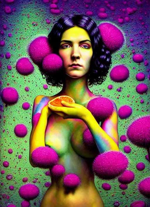 Image similar to hyper detailed 3d render like a Oil painting - Ramona Flowers with wavy black hair wearing thick mascara seen Eating of the Strangling network of colorful yellowcake and aerochrome and milky Fruit and Her staring intensely delicate Hands hold of gossamer polyp blossoms bring iridescent fungal flowers whose spores black the foolish stars by Jacek Yerka, Mariusz Lewandowski, Houdini algorithmic generative render, Abstract brush strokes, Masterpiece, Edward Hopper and James Gilleard, Zdzislaw Beksinski, Mark Ryden, Wolfgang Lettl, Dan Hiller, hints of Yayoi Kasuma, octane render, 8k